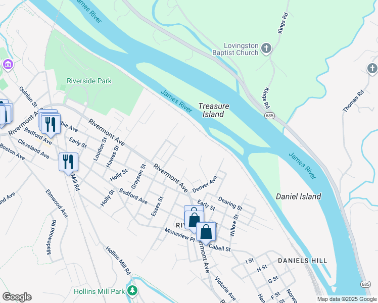 map of restaurants, bars, coffee shops, grocery stores, and more near 69 Marshall Street in Lynchburg