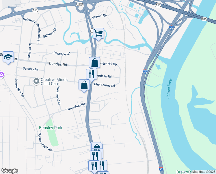 map of restaurants, bars, coffee shops, grocery stores, and more near 2421 Sherbourne Road in Richmond