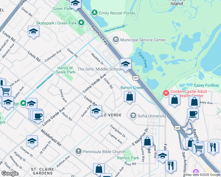 map of restaurants, bars, coffee shops, grocery stores, and more near 3350 Thomas Drive in Palo Alto