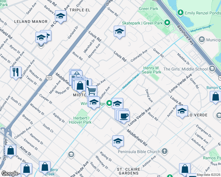 map of restaurants, bars, coffee shops, grocery stores, and more near 780 Sutter Avenue in Palo Alto