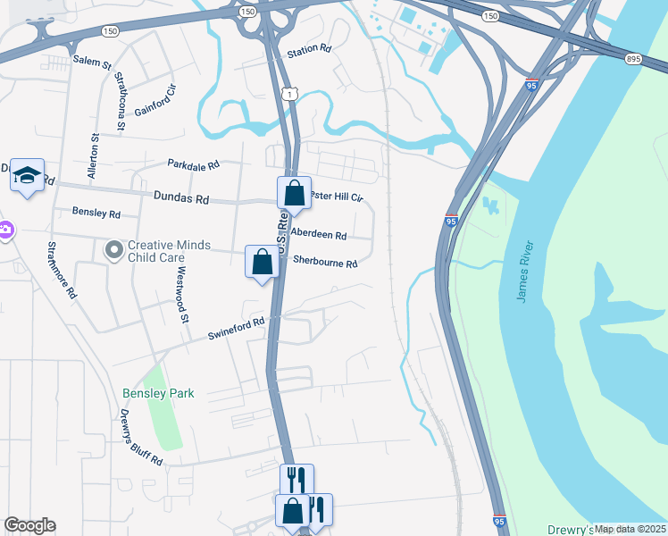 map of restaurants, bars, coffee shops, grocery stores, and more near 2423 Sherbourne Road in Richmond