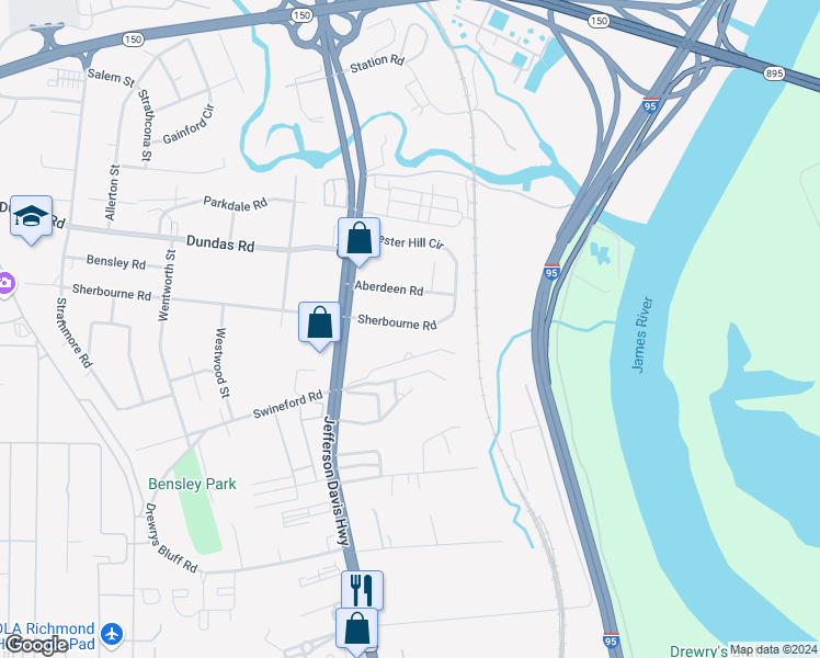 map of restaurants, bars, coffee shops, grocery stores, and more near 2421 Sherbourne Road in Richmond