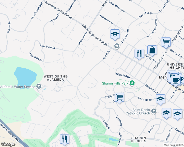 map of restaurants, bars, coffee shops, grocery stores, and more near 1 Tallwood Court in Atherton