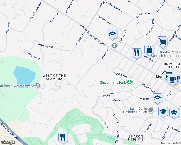 map of restaurants, bars, coffee shops, grocery stores, and more near 1 Tallwood Court in Atherton