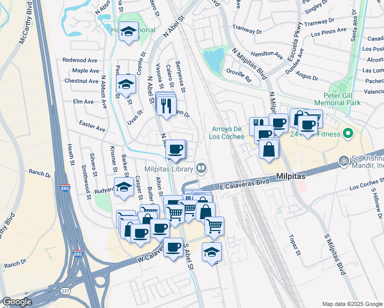 map of restaurants, bars, coffee shops, grocery stores, and more near 7 Crystal Court in Milpitas