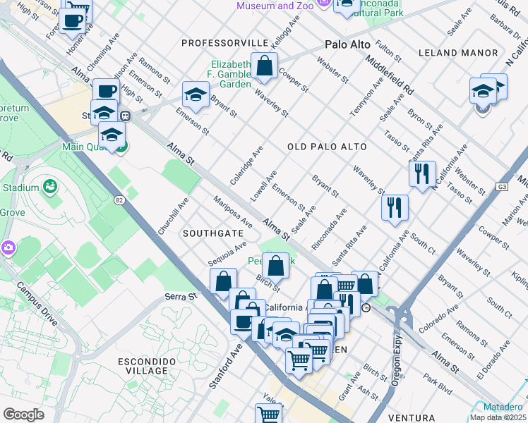 map of restaurants, bars, coffee shops, grocery stores, and more near 1747 Alma Street in Palo Alto