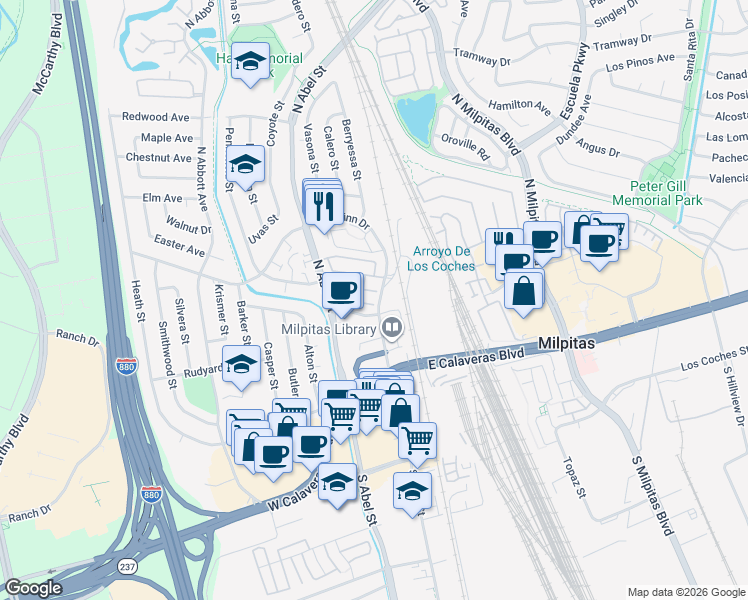 map of restaurants, bars, coffee shops, grocery stores, and more near 7 Crystal Court in Milpitas