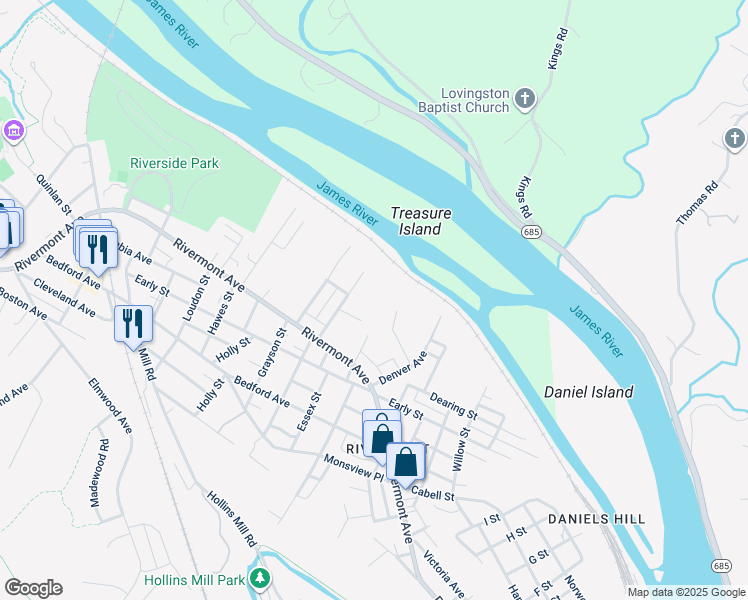 map of restaurants, bars, coffee shops, grocery stores, and more near 67 Marshall Street in Lynchburg