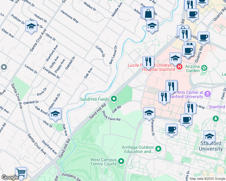 map of restaurants, bars, coffee shops, grocery stores, and more near 1380 Oak Creek Drive in Palo Alto