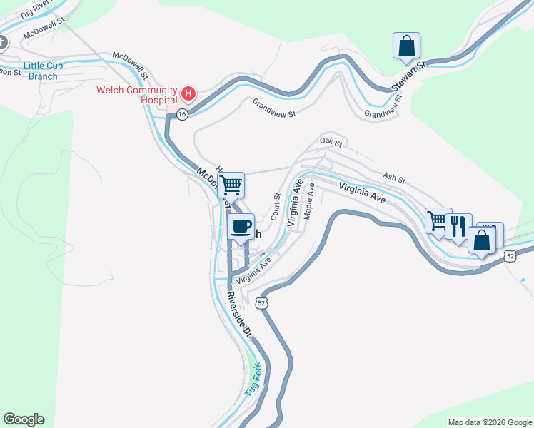 map of restaurants, bars, coffee shops, grocery stores, and more near 12 Vine St in Welch