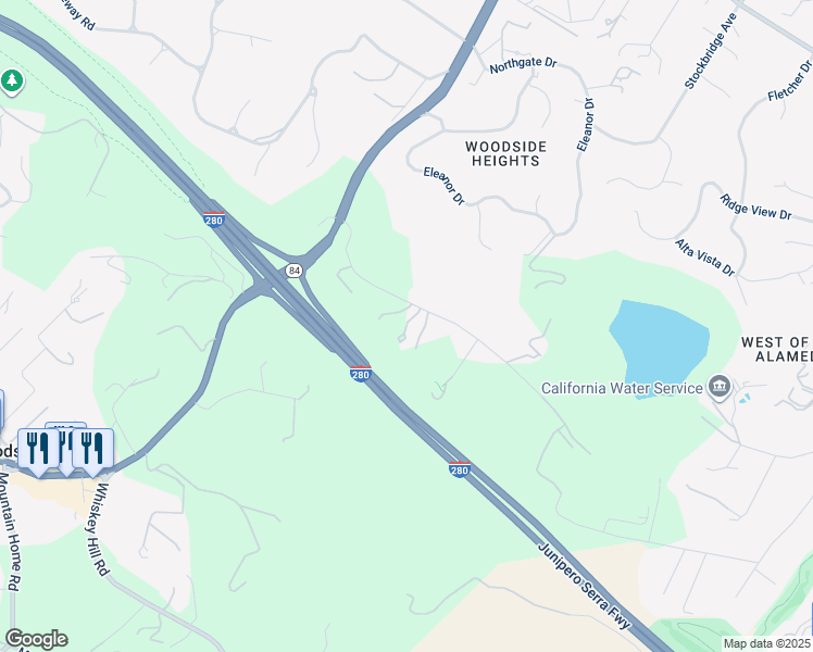 map of restaurants, bars, coffee shops, grocery stores, and more near 1142 Moore Road in Woodside