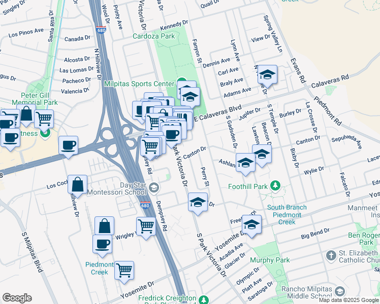 map of restaurants, bars, coffee shops, grocery stores, and more near 1299 Canton Drive in Milpitas
