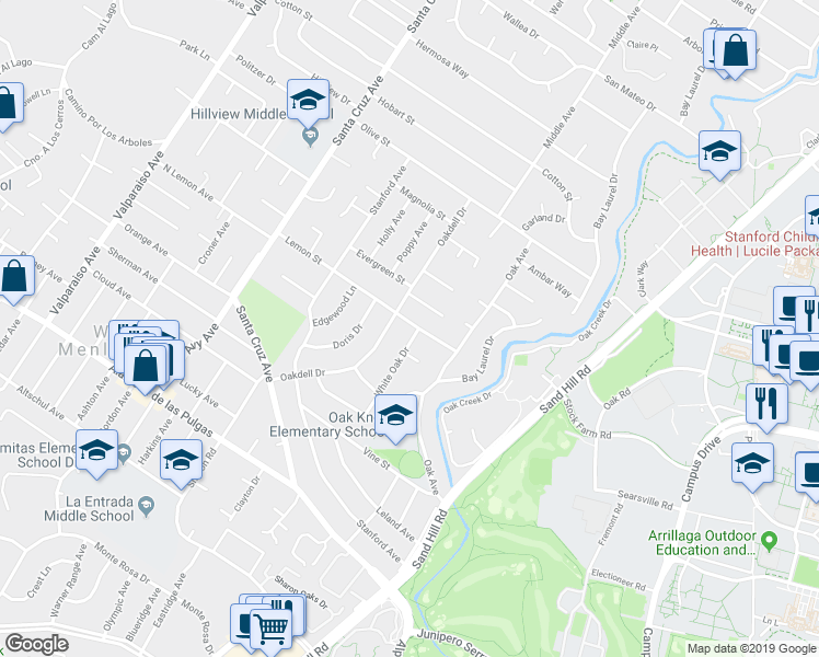 map of restaurants, bars, coffee shops, grocery stores, and more near 1800 White Oak Drive in Menlo Park
