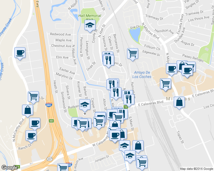 map of restaurants, bars, coffee shops, grocery stores, and more near 62 Twinkle Court in Milpitas
