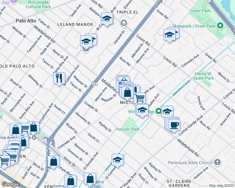 map of restaurants, bars, coffee shops, grocery stores, and more near 2645 Middlefield Road in Palo Alto