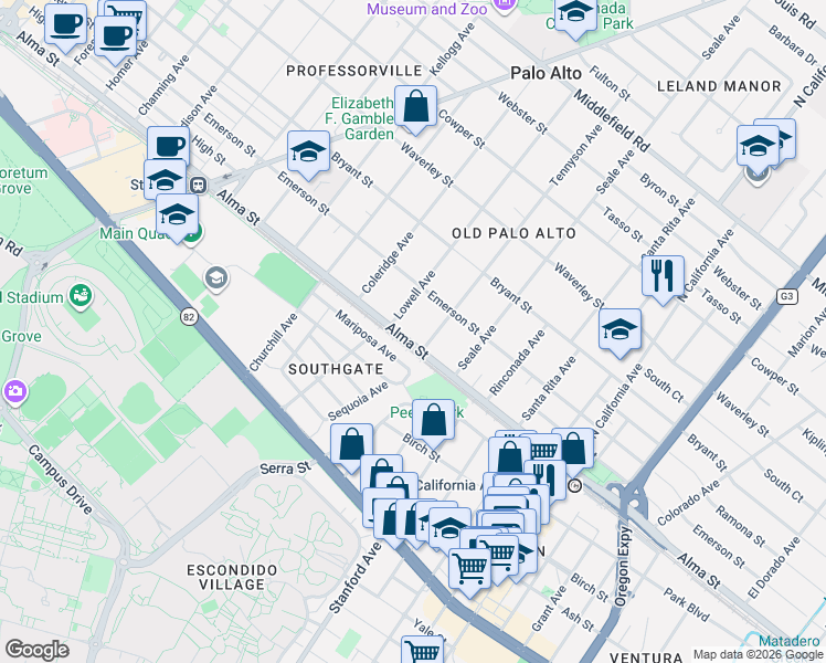 map of restaurants, bars, coffee shops, grocery stores, and more near 1747 Alma Street in Palo Alto