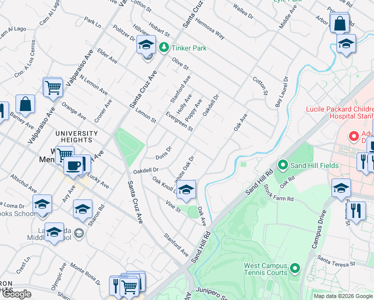 map of restaurants, bars, coffee shops, grocery stores, and more near 1800 White Oak Drive in Menlo Park