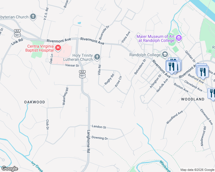 map of restaurants, bars, coffee shops, grocery stores, and more near 1136 Rugby Road in Lynchburg
