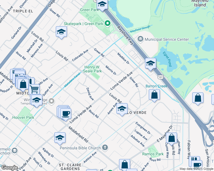 map of restaurants, bars, coffee shops, grocery stores, and more near 3256 Clifton Court in Palo Alto