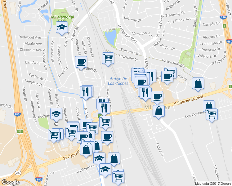 map of restaurants, bars, coffee shops, grocery stores, and more near 230 Railroad Avenue in Milpitas