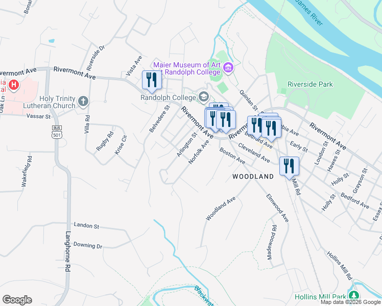 map of restaurants, bars, coffee shops, grocery stores, and more near 249 Norfolk Ave in Lynchburg