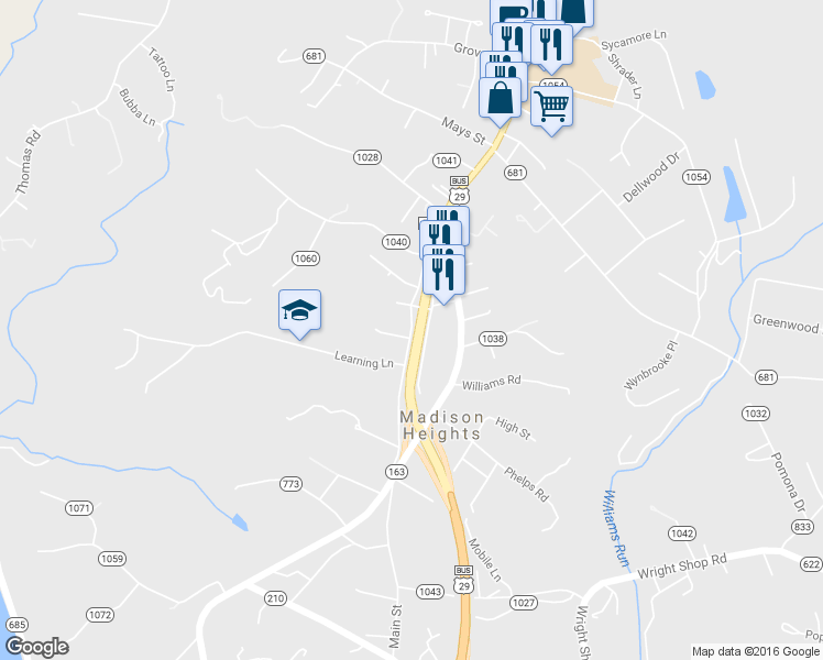 map of restaurants, bars, coffee shops, grocery stores, and more near River James Dr in Madison Heights