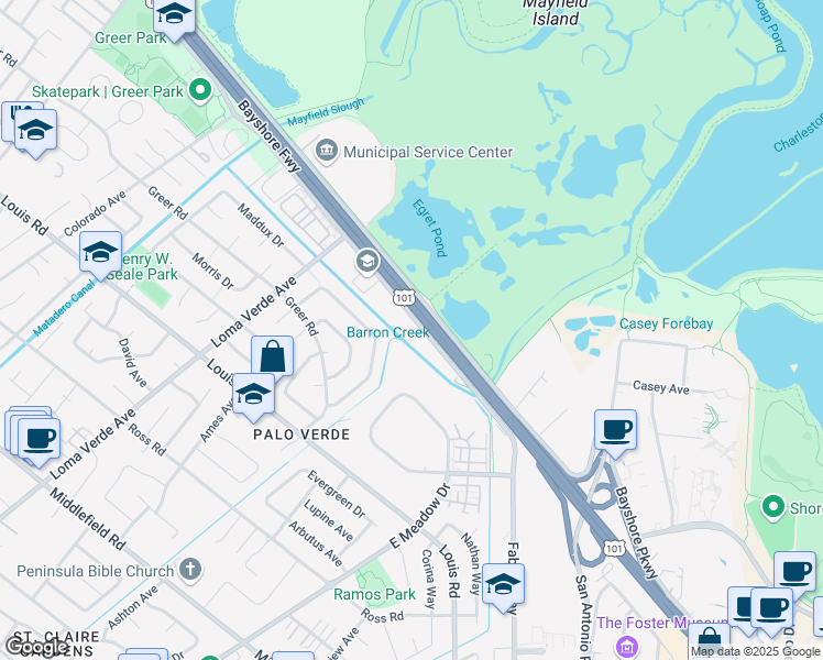 map of restaurants, bars, coffee shops, grocery stores, and more near Bayshore Fwy in Palo Alto