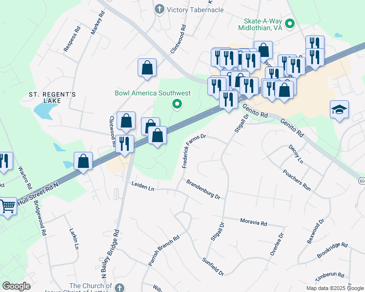 map of restaurants, bars, coffee shops, grocery stores, and more near 4206 Frederick Farms Drive in Midlothian