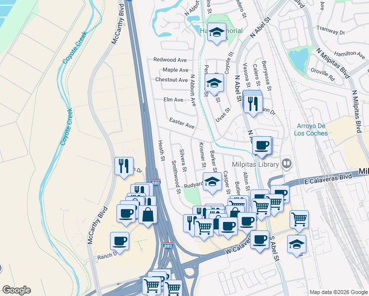 map of restaurants, bars, coffee shops, grocery stores, and more near 337 North Abbott Avenue in Milpitas