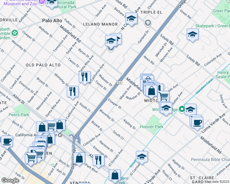 map of restaurants, bars, coffee shops, grocery stores, and more near 576a Green Manor in Palo Alto