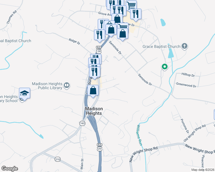 map of restaurants, bars, coffee shops, grocery stores, and more near 129 Wells Road in Madison Heights
