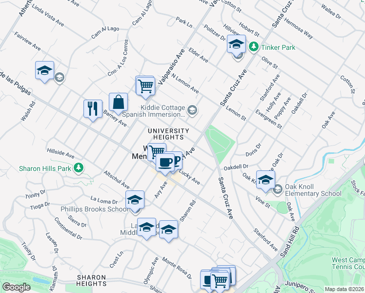 map of restaurants, bars, coffee shops, grocery stores, and more near 1140 Cloud Avenue in Menlo Park