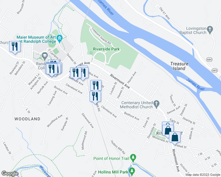 map of restaurants, bars, coffee shops, grocery stores, and more near 2102 Early Street in Lynchburg
