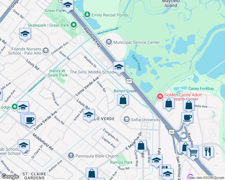 map of restaurants, bars, coffee shops, grocery stores, and more near 3413 Thomas Drive in Palo Alto