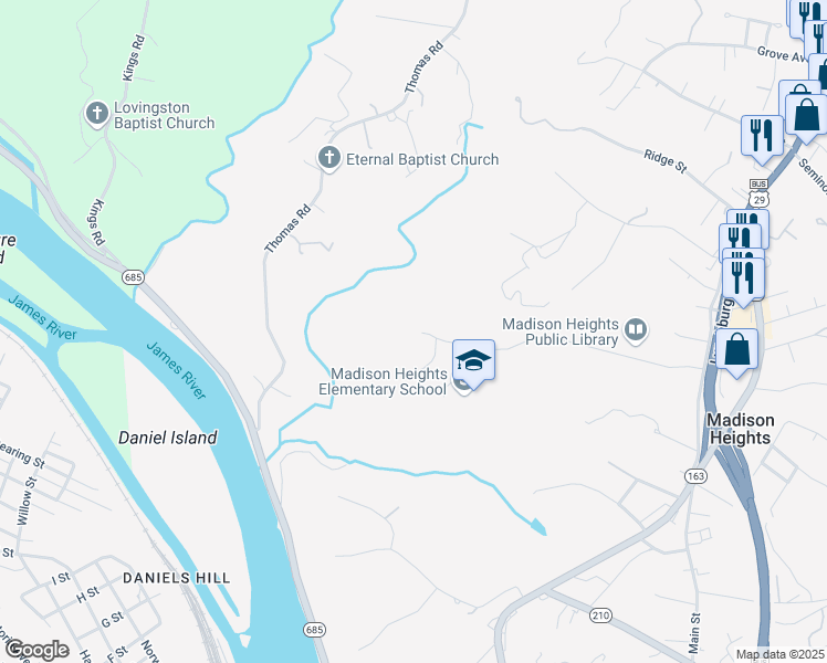 map of restaurants, bars, coffee shops, grocery stores, and more near 287 Learning Lane in Madison Heights