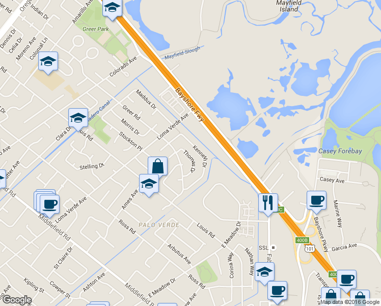 map of restaurants, bars, coffee shops, grocery stores, and more near 3413 Thomas Drive in Palo Alto