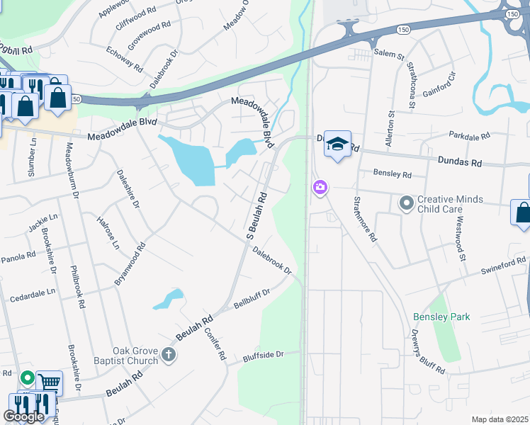map of restaurants, bars, coffee shops, grocery stores, and more near 6533 South Beulah Road in Richmond
