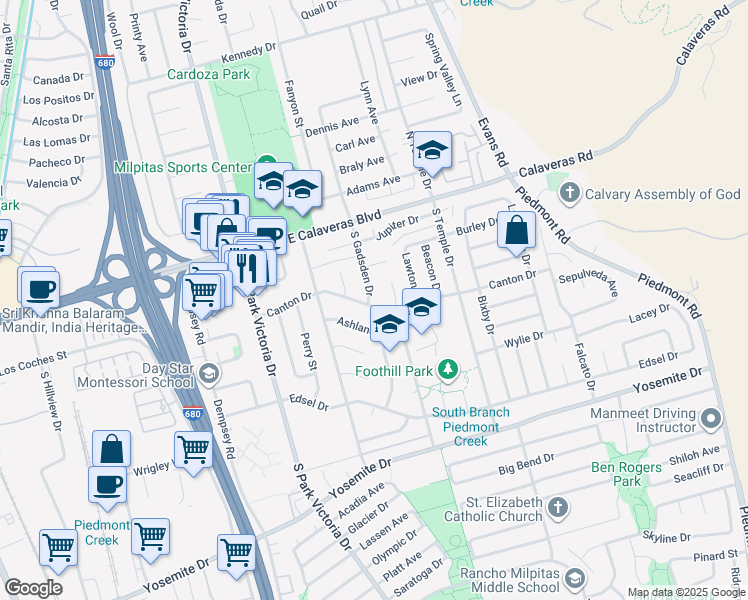 map of restaurants, bars, coffee shops, grocery stores, and more near 1501 Canton Drive in Milpitas