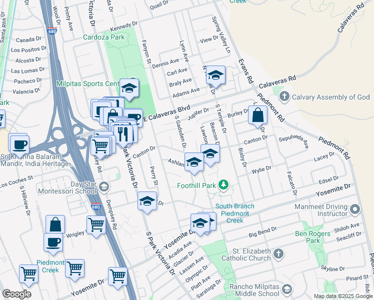 map of restaurants, bars, coffee shops, grocery stores, and more near 1501 Canton Drive in Milpitas