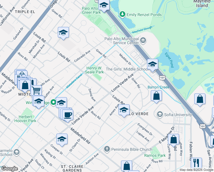 map of restaurants, bars, coffee shops, grocery stores, and more near 3256 Clifton Court in Palo Alto