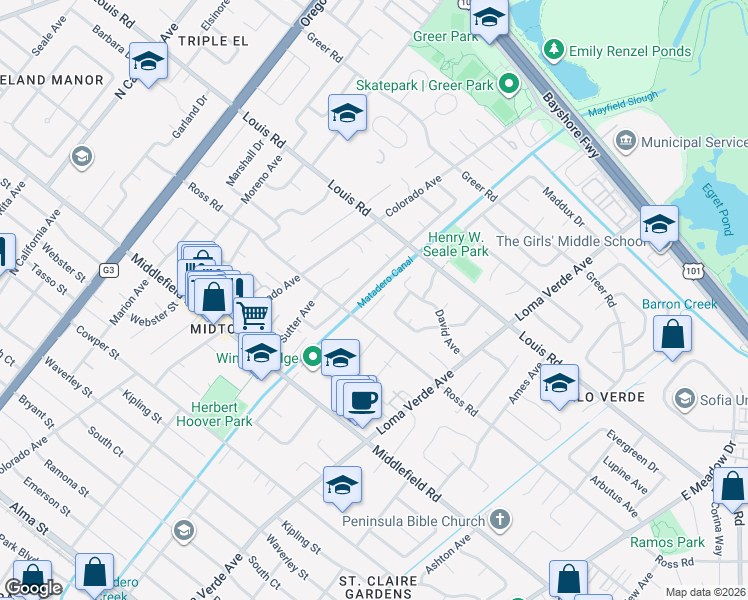 map of restaurants, bars, coffee shops, grocery stores, and more near 825 Wintergreen Way in Palo Alto