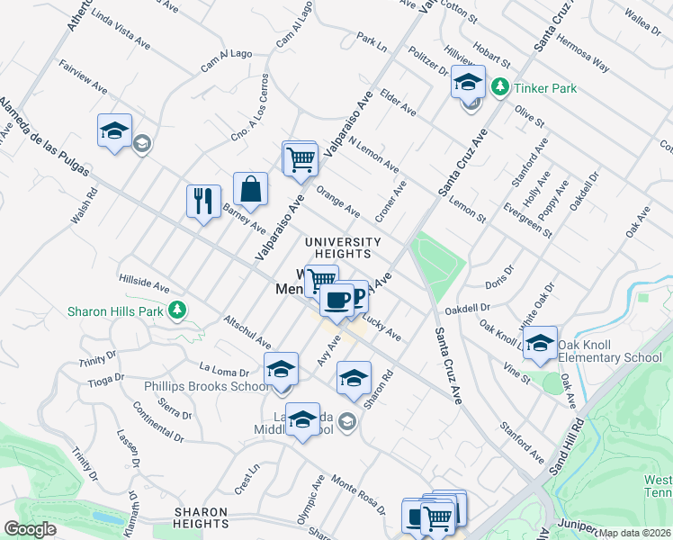map of restaurants, bars, coffee shops, grocery stores, and more near 2021 Ashton Avenue in Menlo Park