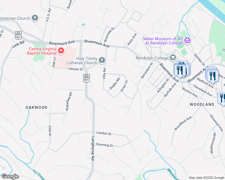 map of restaurants, bars, coffee shops, grocery stores, and more near 1136 Rugby Road in Lynchburg