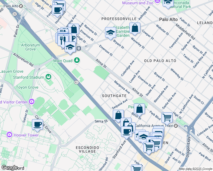 map of restaurants, bars, coffee shops, grocery stores, and more near 339 Manzanita Avenue in Palo Alto