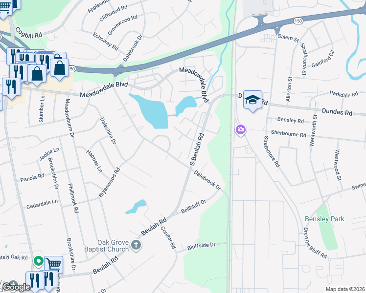 map of restaurants, bars, coffee shops, grocery stores, and more near 6528 South Beulah Road in Richmond