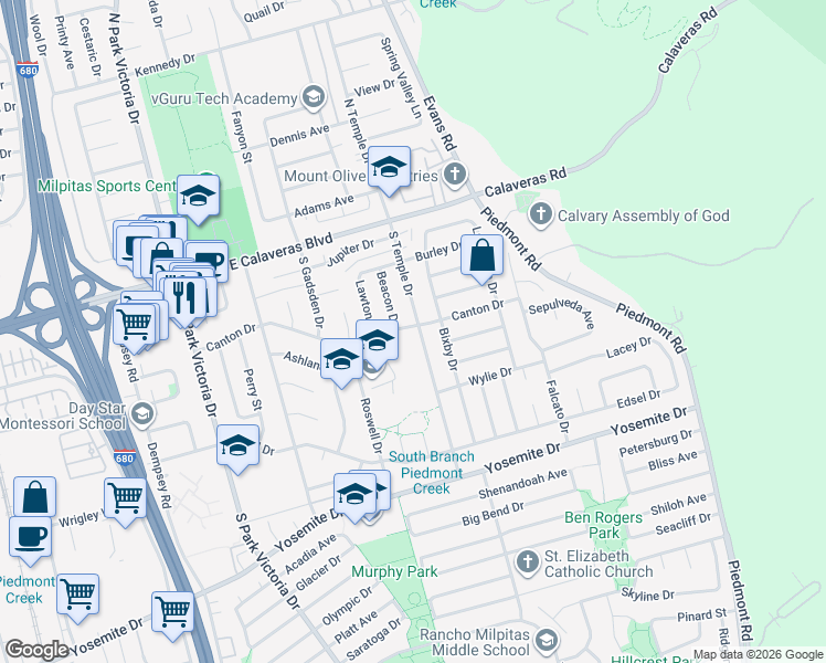 map of restaurants, bars, coffee shops, grocery stores, and more near 1694 Canton Drive in Milpitas