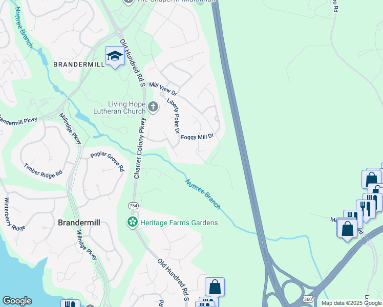 map of restaurants, bars, coffee shops, grocery stores, and more near 4024 Mill Manor Drive in Midlothian
