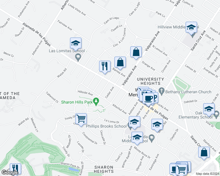 map of restaurants, bars, coffee shops, grocery stores, and more near 2124 Cedar Avenue in Menlo Park