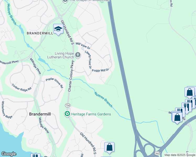map of restaurants, bars, coffee shops, grocery stores, and more near 4024 Mill Manor Drive in Midlothian