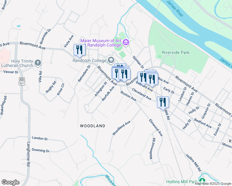 map of restaurants, bars, coffee shops, grocery stores, and more near 213 Memphis Avenue in Lynchburg